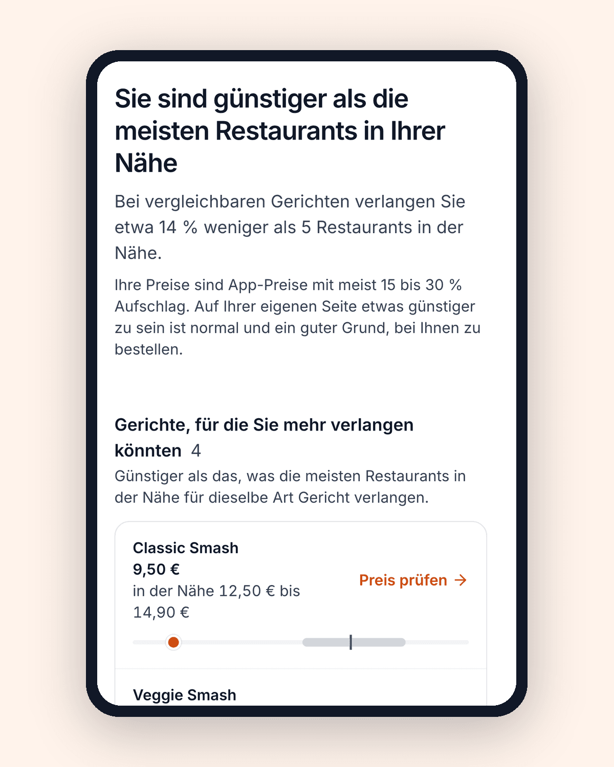 QwikEat auf einem Handy: Das Restaurant ist günstiger als die meisten in der Nähe, mit einer Liste von Gerichten, für die es mehr verlangen könnte.