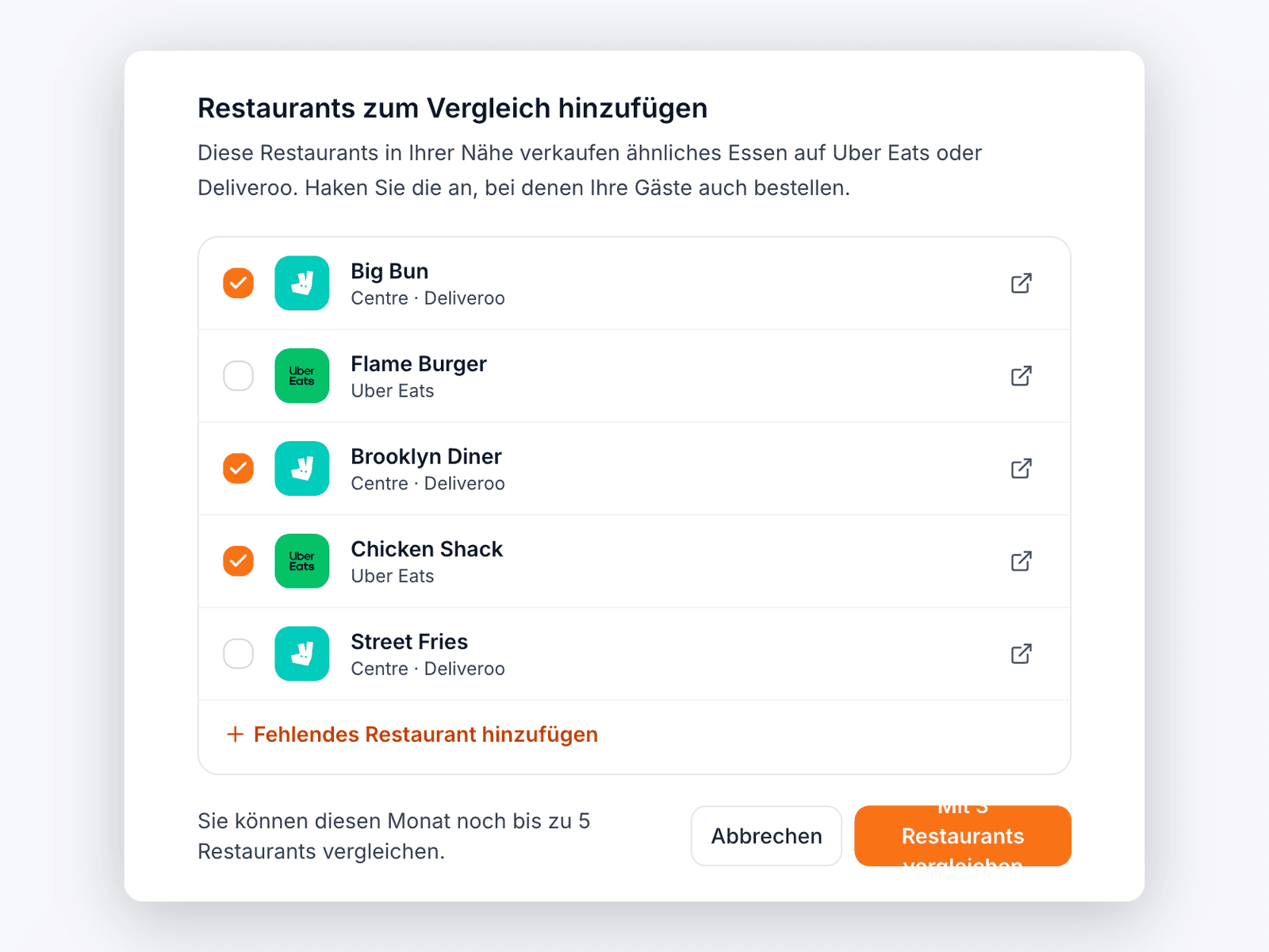 Liste von Restaurants in der Nähe auf Uber Eats und Deliveroo, drei davon für den Vergleich ausgewählt.