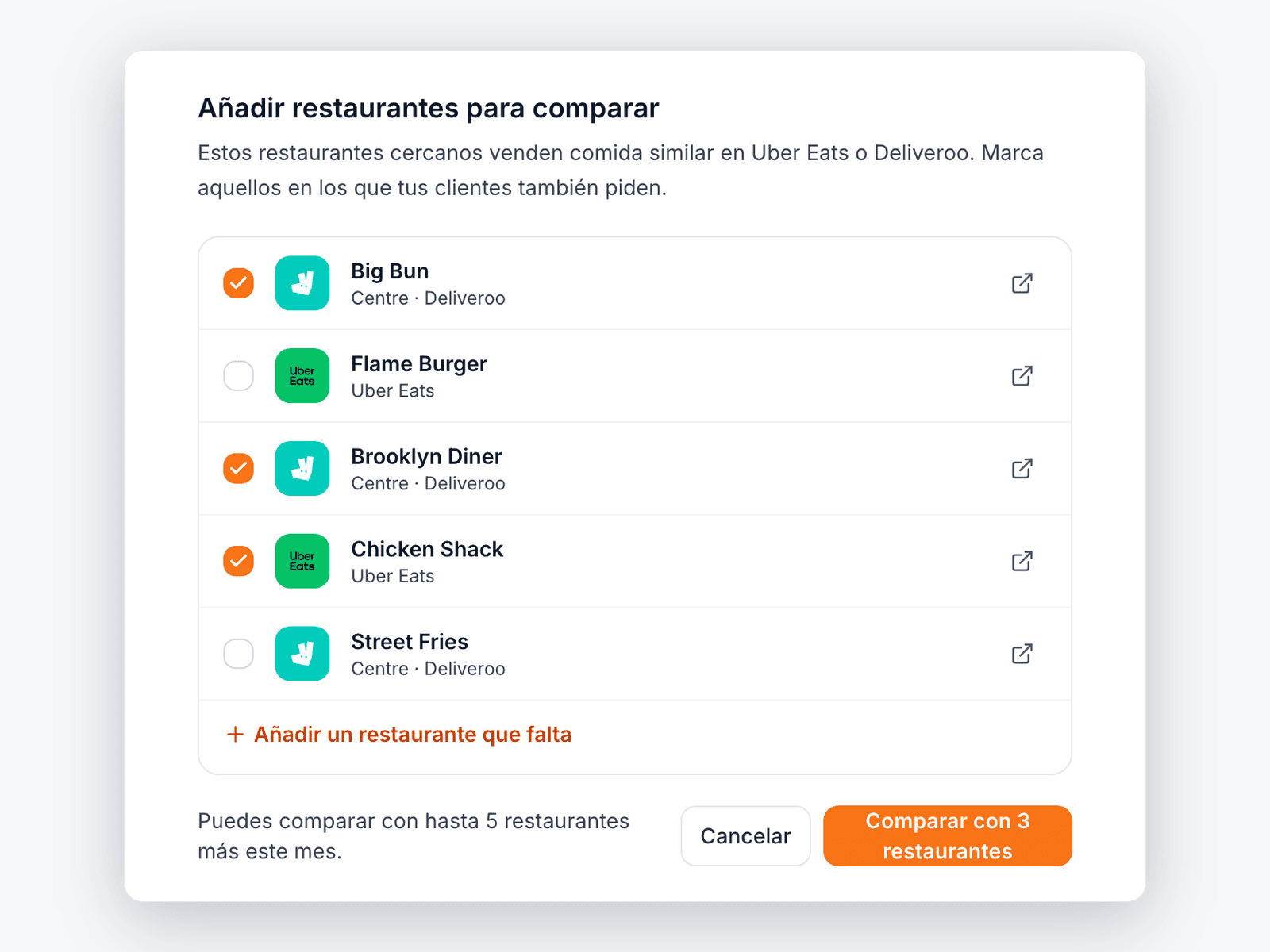 Lista de restaurantes cercanos en Uber Eats y Deliveroo con tres seleccionados para comparar.