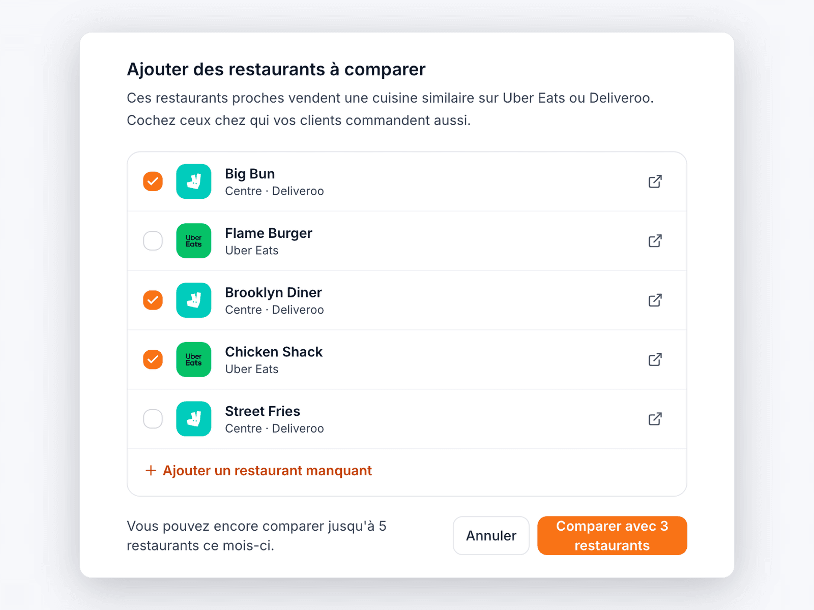 Liste de restaurants proches sur Uber Eats et Deliveroo, dont trois sélectionnés pour la comparaison.