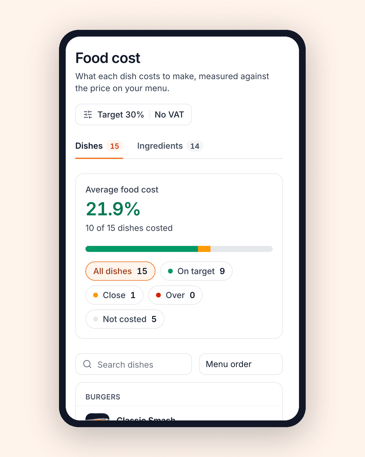 The QwikEat food cost screen on a phone, listing burgers with their price, cost and food cost percentage.