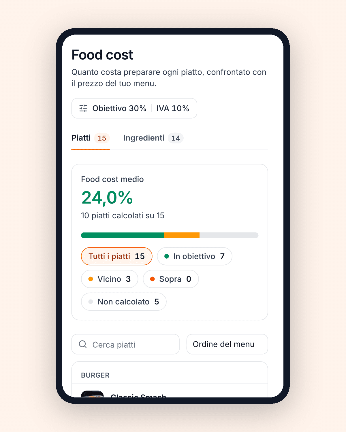 La schermata food cost di QwikEat su un telefono, con i burger, il prezzo, il costo e la percentuale.