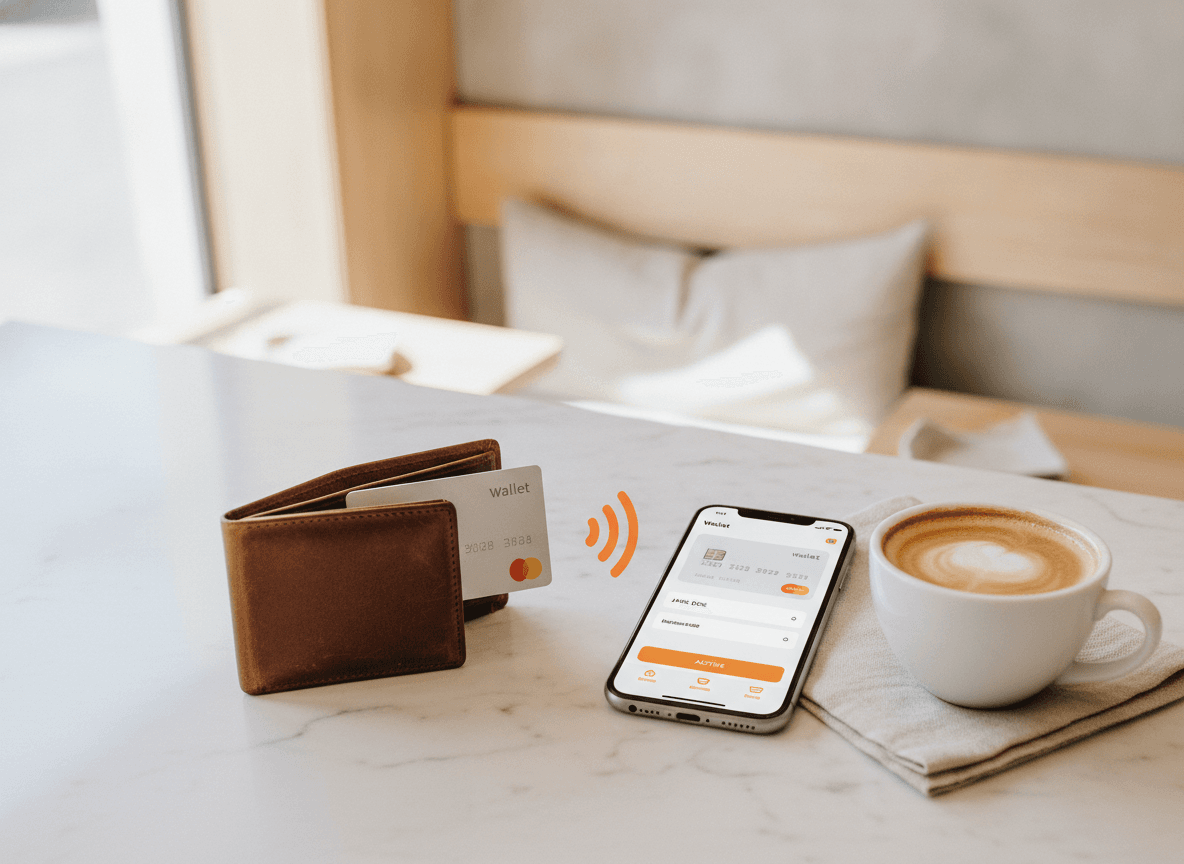 Vista dall'alto su un banco di marmo: un portafoglio con una carta, un iPhone wallet, e un'icona contactless in mezzo.