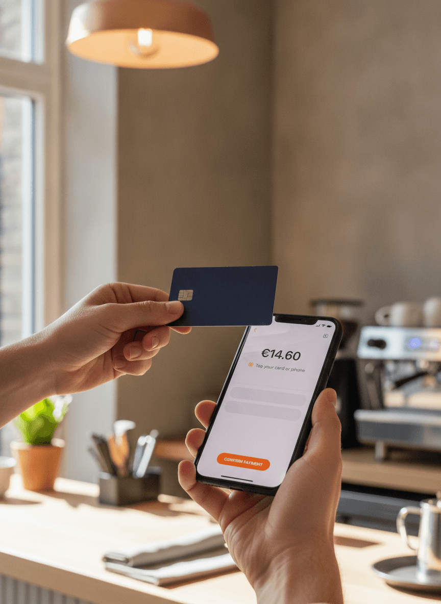 Un cliente appoggia una carta contactless al dorso di un iPhone che mostra la schermata di pagamento di QwikEat.