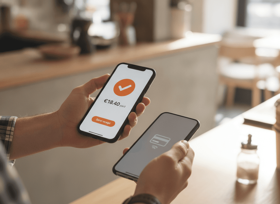 Un barista tiene un iPhone usato come POS contactless, che mostra una schermata di pagamento riuscito.