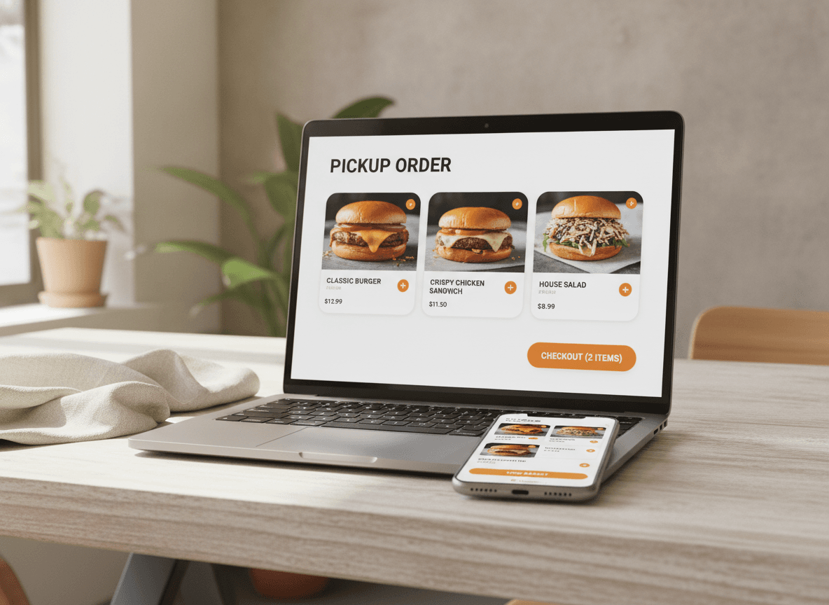 A branded casual dining online ordering page shown on laptop and phone.