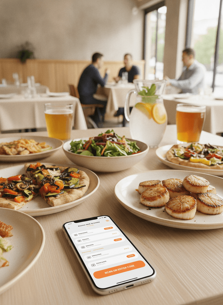 A casual dining table with plates and a QR ordering screen on a phone.
