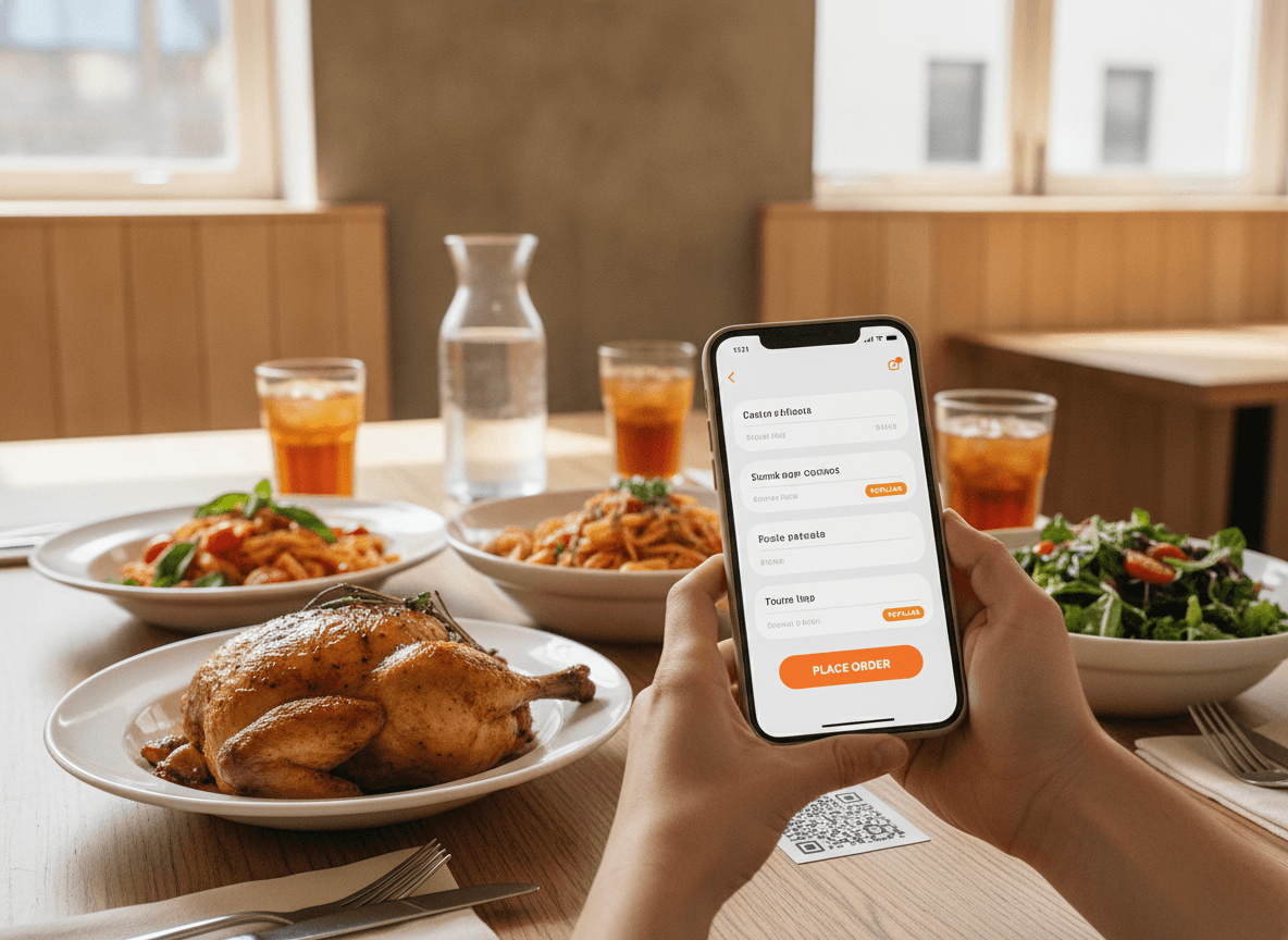 A casual dining guest using QR ordering at the table beside plated food.