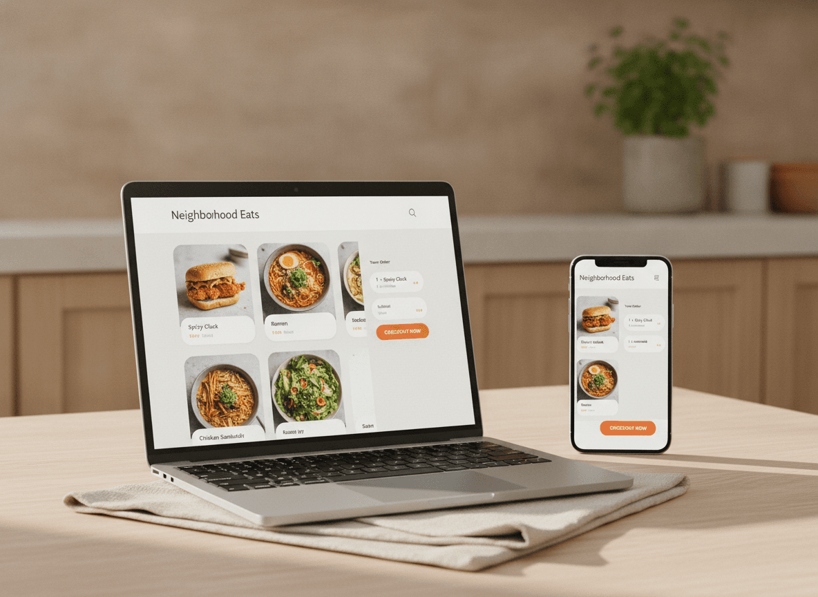 Una pagina di ordini diretti per una ghost kitchen su laptop e smartphone.