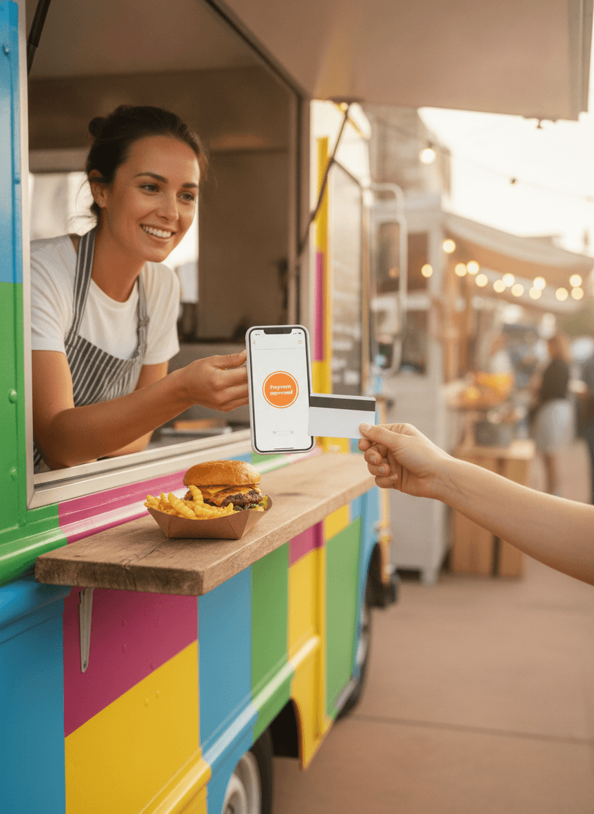 Un proprietario di food truck accetta un pagamento contactless con carta dal telefono alla finestra di servizio.