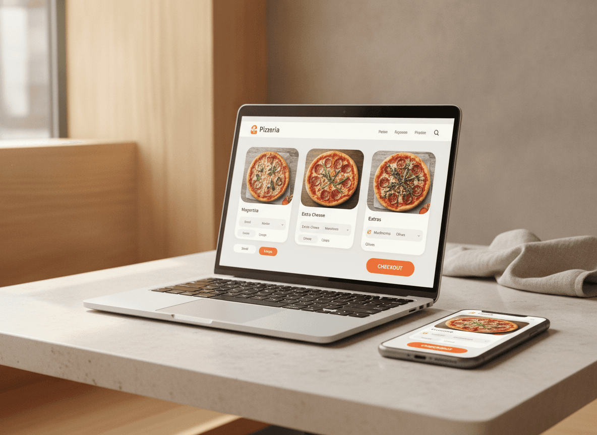 Eine direkte Bestellseite für eine Pizzeria auf Laptop und Smartphone.