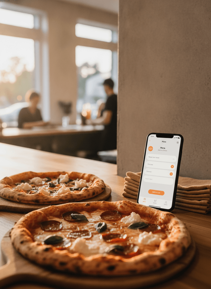 Ein Bestellbildschirm für eine Pizzeria neben frischen Pizzen auf einem hellen Tresen.