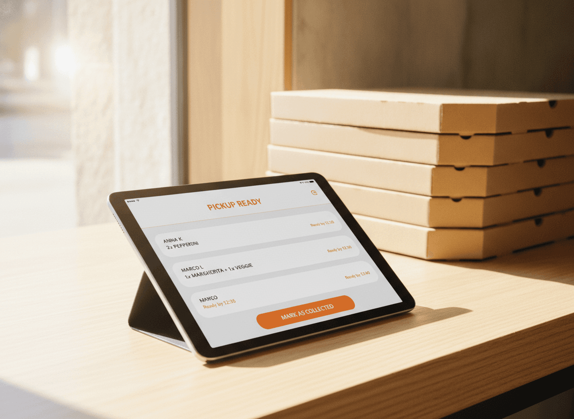 Ein Pizza-Abholfluss auf einem Tablet am Tresen.