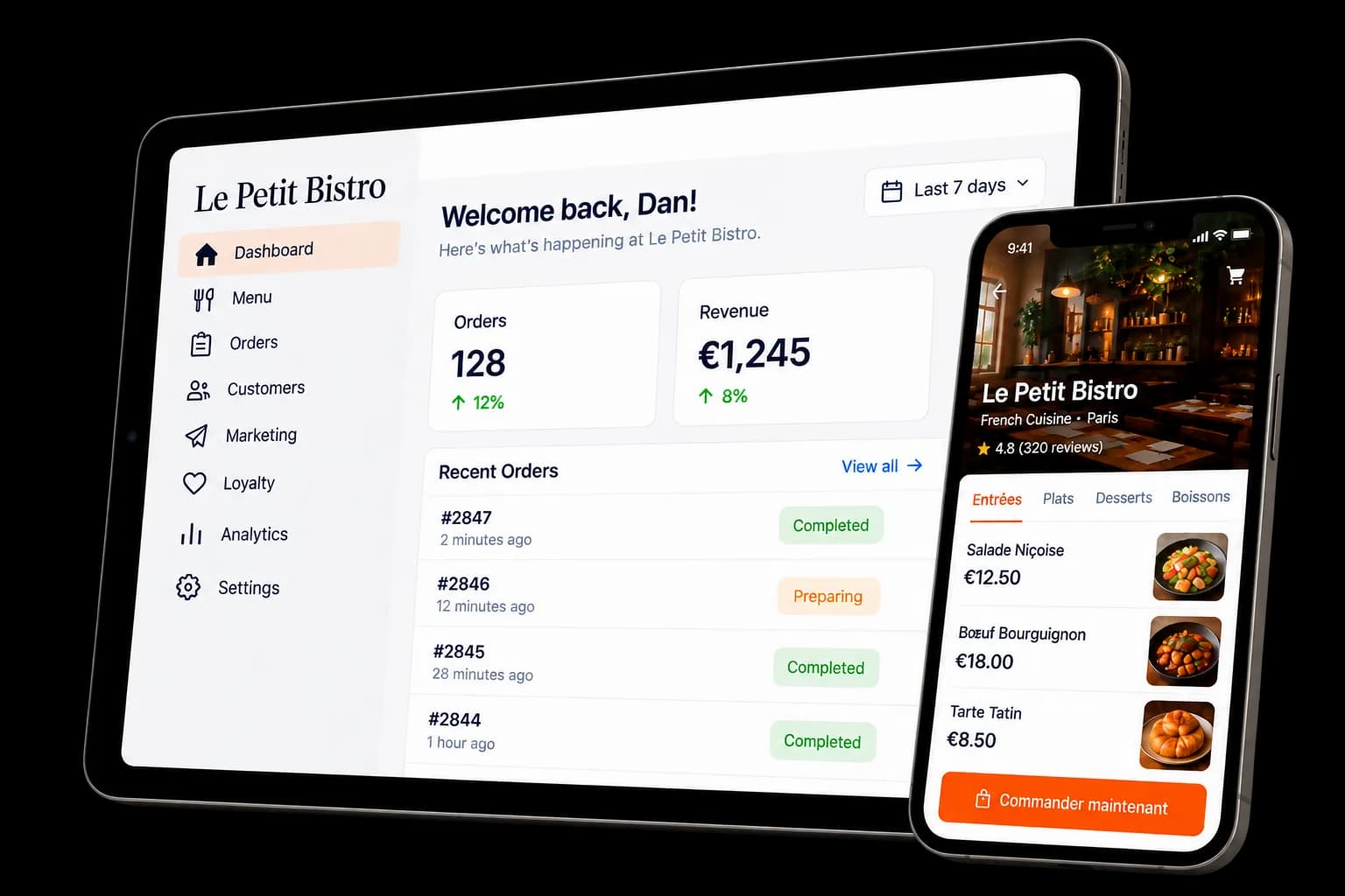 A QwikEat dashboard on a tablet, showing orders and revenue, beside a customer ordering from the menu on a phone