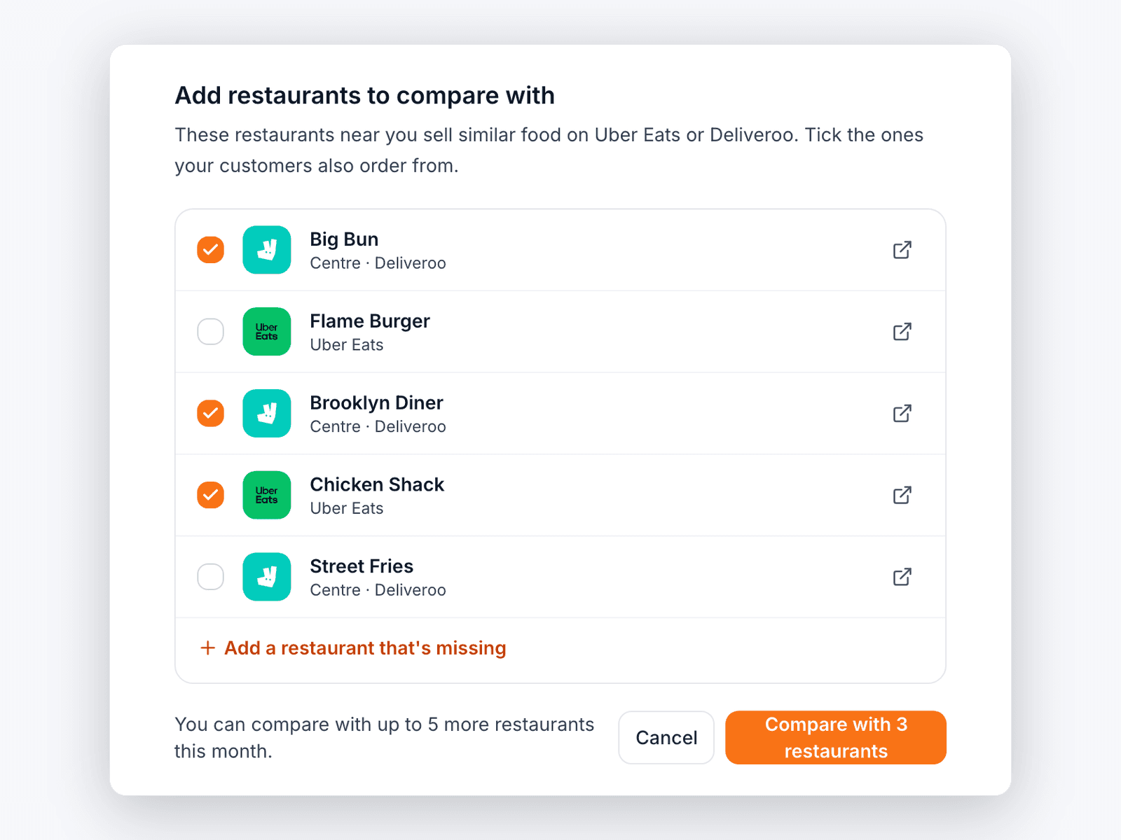 Checklist of nearby restaurants on Uber Eats and Deliveroo with three selected for comparison.