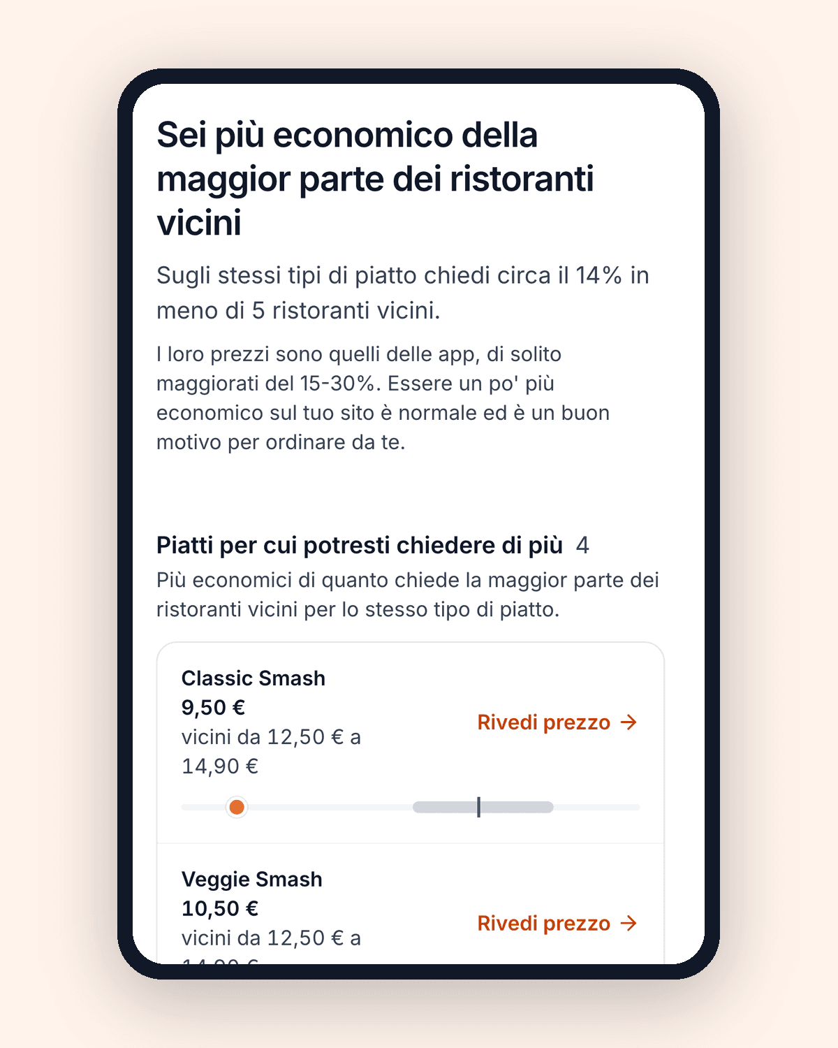 QwikEat su un telefono: il ristorante è più economico della maggior parte di quelli vicini, con l'elenco dei piatti per cui potrebbe chiedere di più.