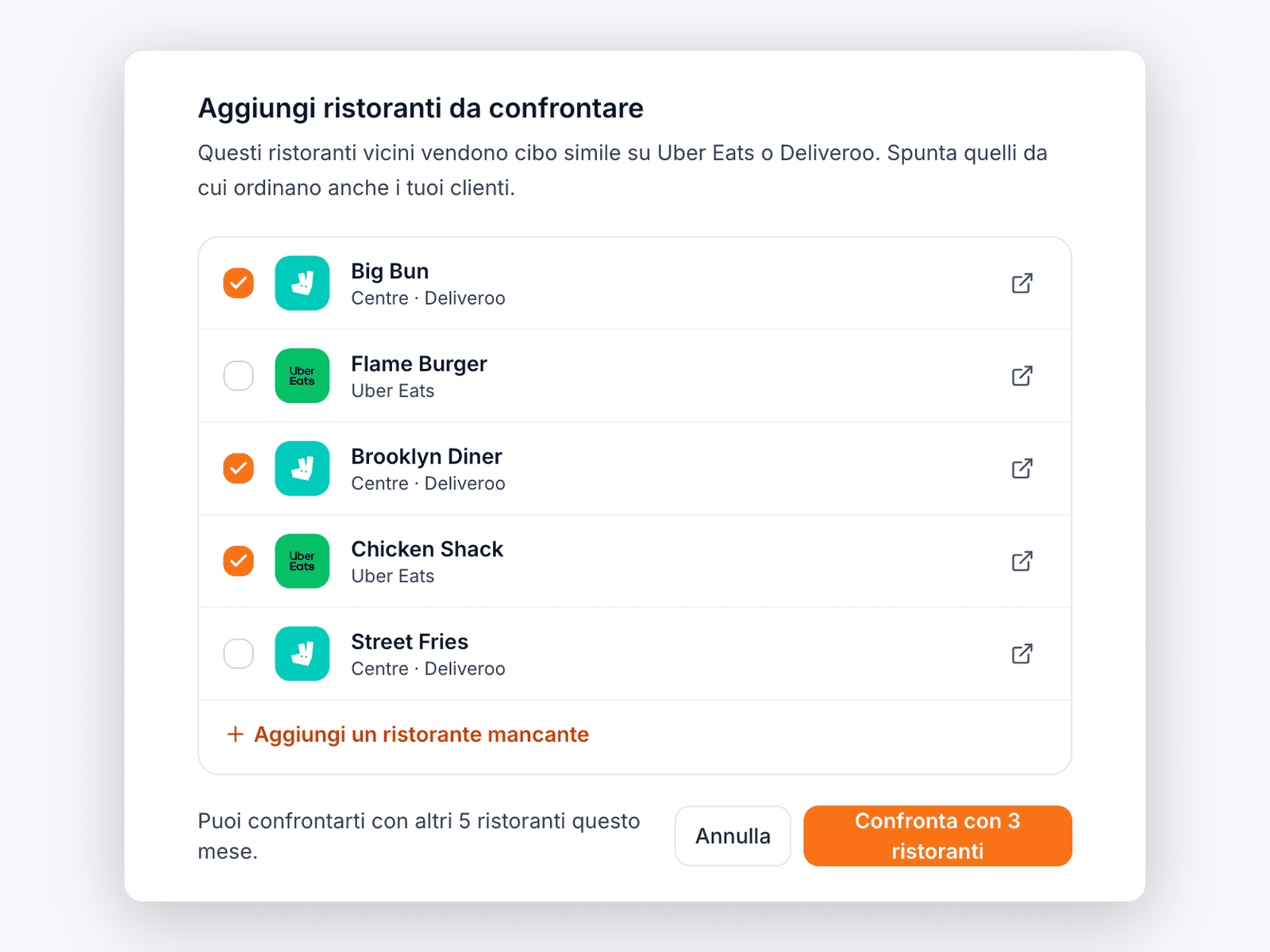 Elenco di ristoranti vicini su Uber Eats e Deliveroo, tre selezionati per il confronto.