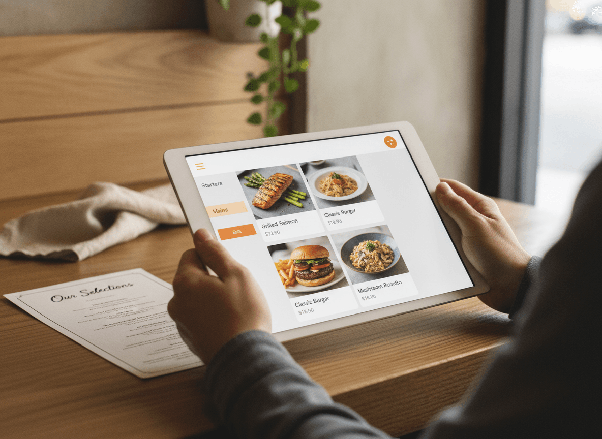 An iPad on a counter showing a menu-builder app with a category list, item grid and a magic-wand assistant.