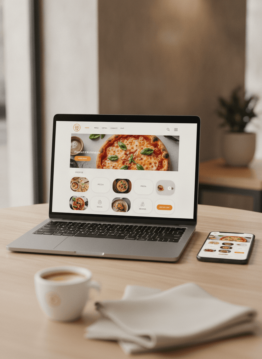QwikEat branded restaurant ordering website shown on a laptop and a phone, on a warm-lit wooden café table.