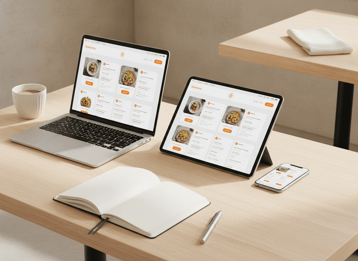 Top-down view of a laptop, an iPad and an iPhone all displaying the same branded restaurant ordering website.