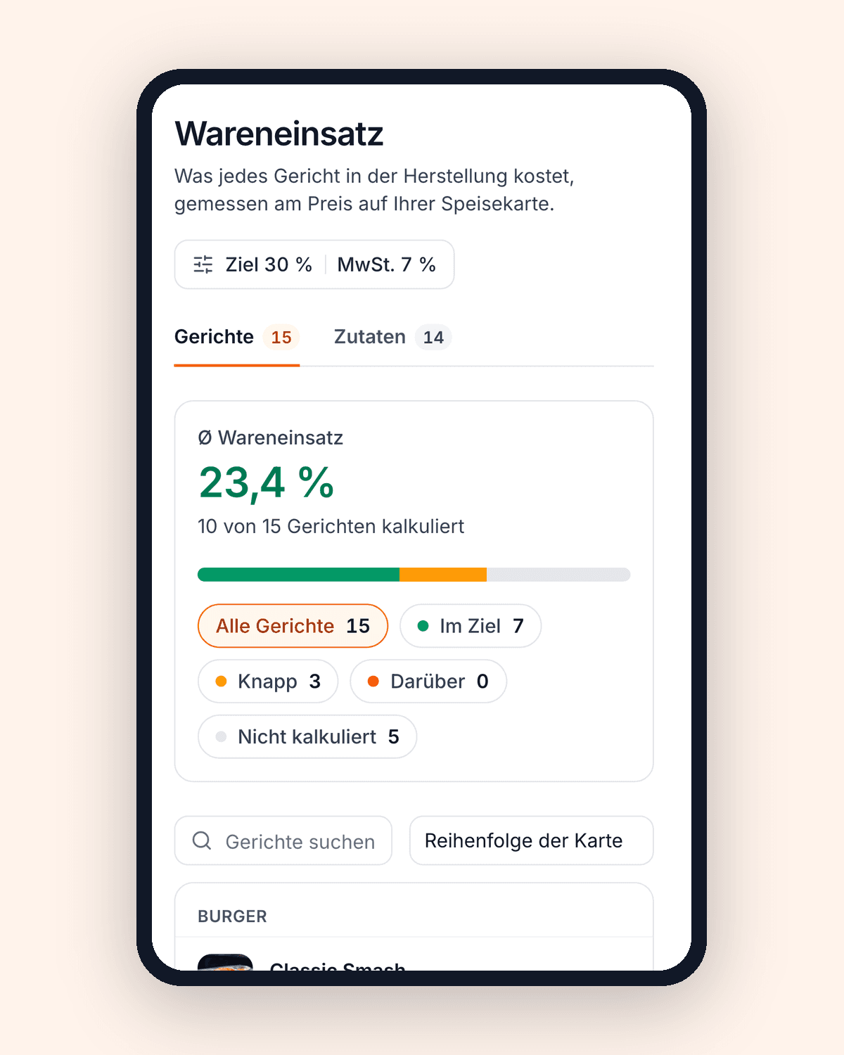 Der QwikEat-Wareneinsatz auf einem Handy mit Burgern, ihrem Preis, ihren Kosten und ihrem Wareneinsatz.