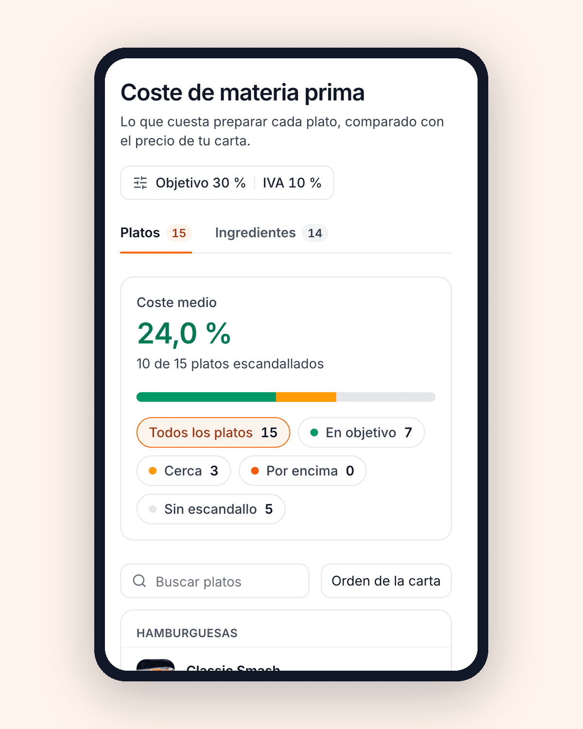 La pantalla de coste de materia prima de QwikEat en un móvil, con hamburguesas, su precio, su coste y su porcentaje.