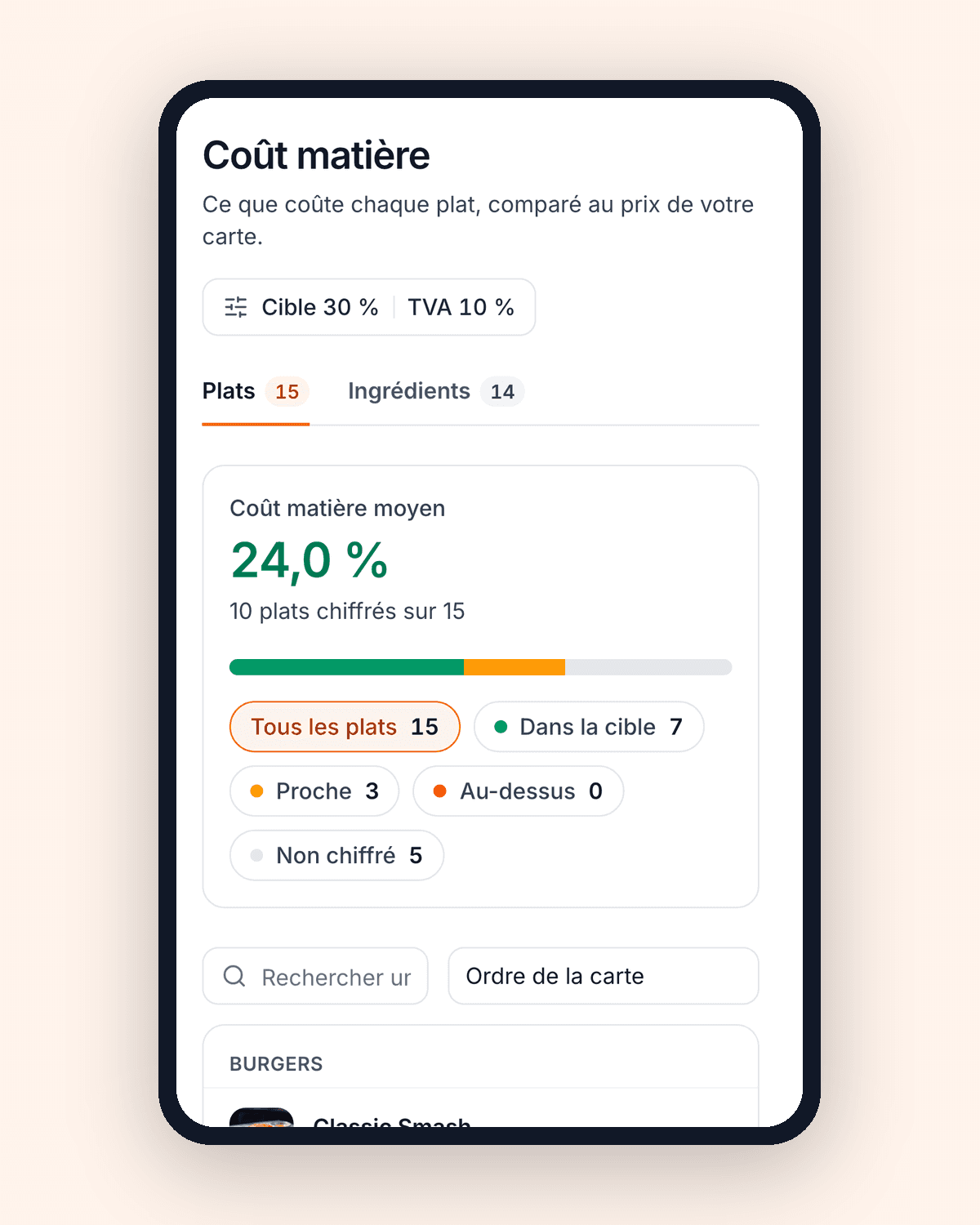 L'écran coût matière de QwikEat sur un téléphone, avec les burgers, leur prix, leur coût et leur ratio matière.