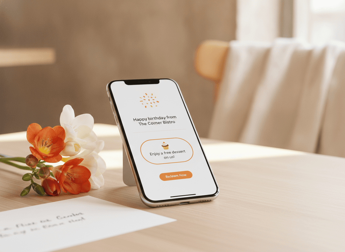 Smartphone zeigt eine freundliche Geburtstagsnachricht von einem Restaurant mit einem Gratis-Dessert-Angebot.