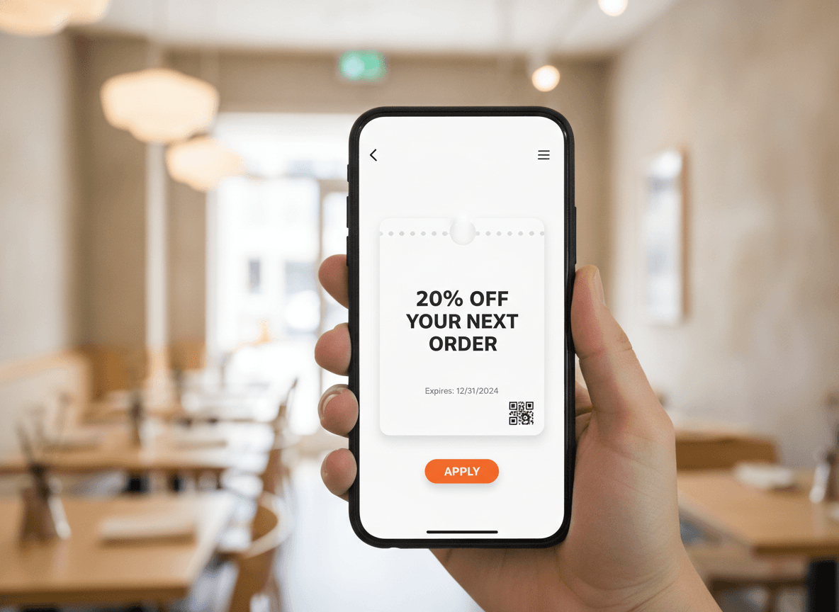 Smartphone zeigt eine Gutschein-Karte für 20% Rabatt auf die nächste Bestellung mit einem Anwenden-Button.