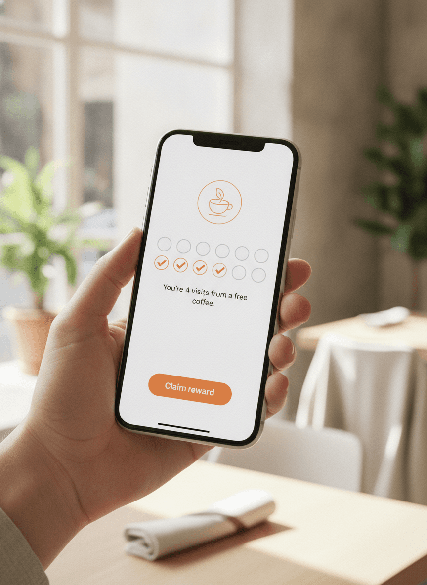iPhone-Bildschirm zeigt eine digitale Restaurant-Treuekarte mit Stempelfortschritt und einem Belohnung-einlösen-Button.