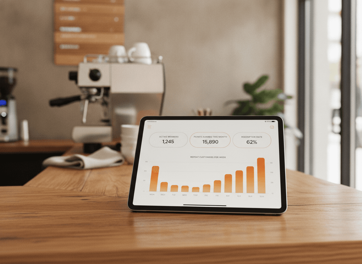 iPad auf einem Cafétresen zeigt ein Treueprogramm-Dashboard mit Mitgliedermetriken und einem Diagramm wiederkehrender Gäste.