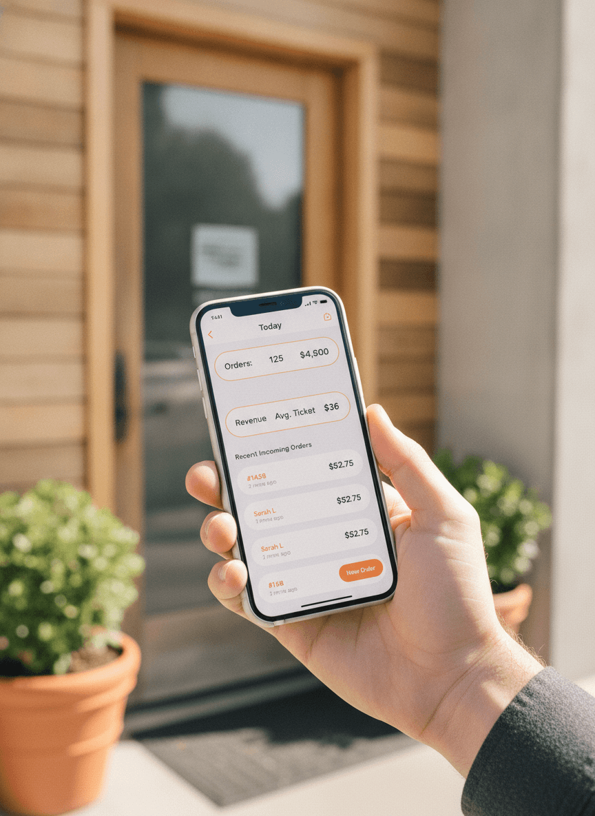 App del titolare QwikEat su un iPhone che mostra le metriche del giorno e una lista di ordini in arrivo.