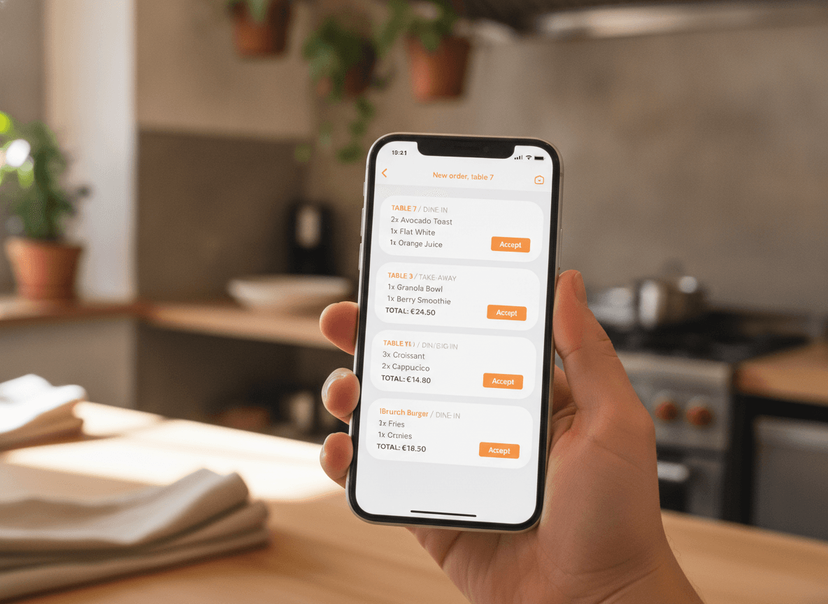 Schermo iPhone con una lista in tempo reale di ordini in arrivo con pulsanti di accettazione.