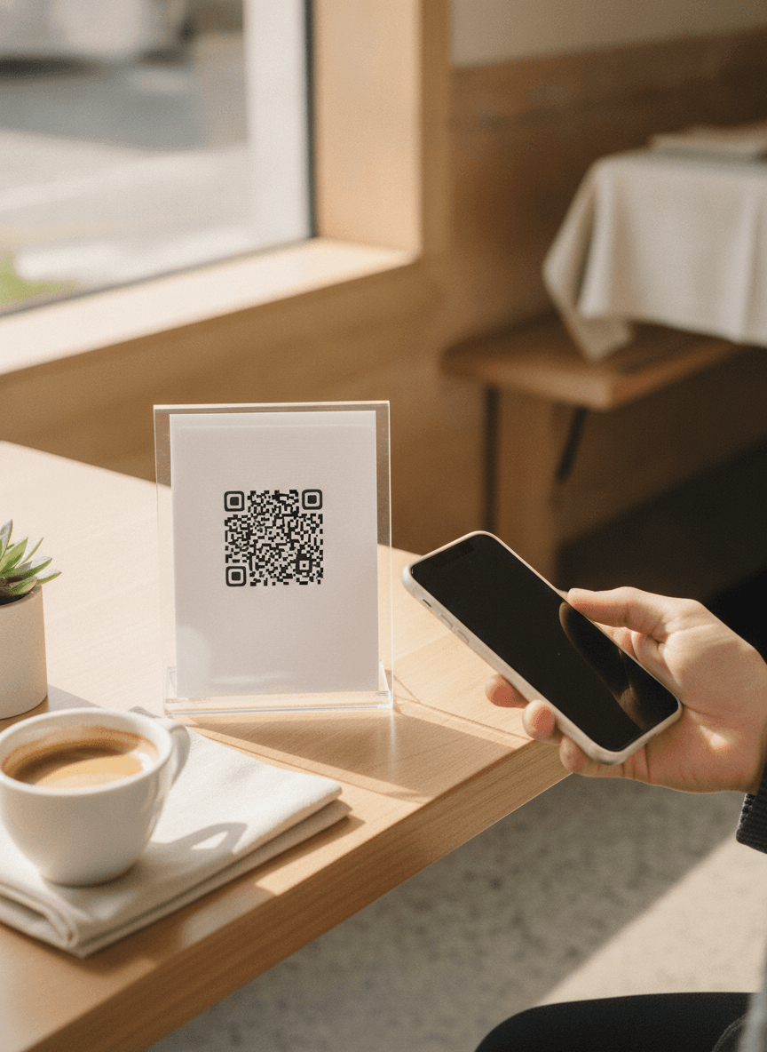 QR-Tischaufsteller von QwikEat auf einem Tisch in einem sonnigen Café. Ein Gast hält sein iPhone an den Code, um ihn zu scannen.