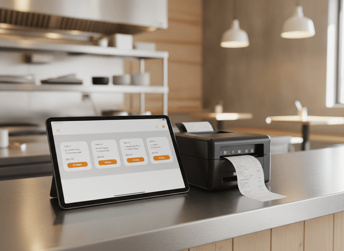 Küchenpass mit einem iPad, das das QwikEat-Bestelldashboard zeigt, und einem Thermodrucker, der einen Bon ausgibt.