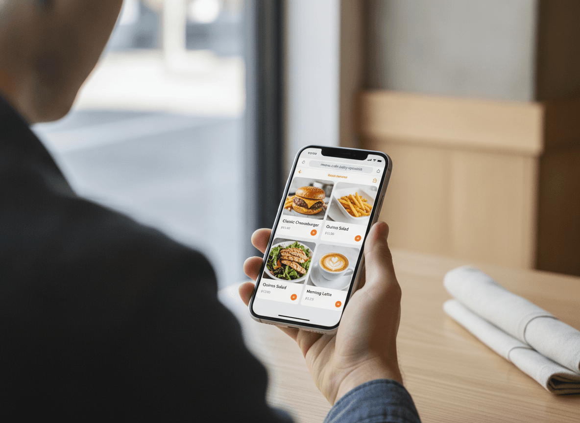 Ein junger Gast hält ein iPhone in der Hand und schaut auf ein Restaurantmenü, das nach dem Scannen eines QR-Codes im Browser geöffnet wurde.