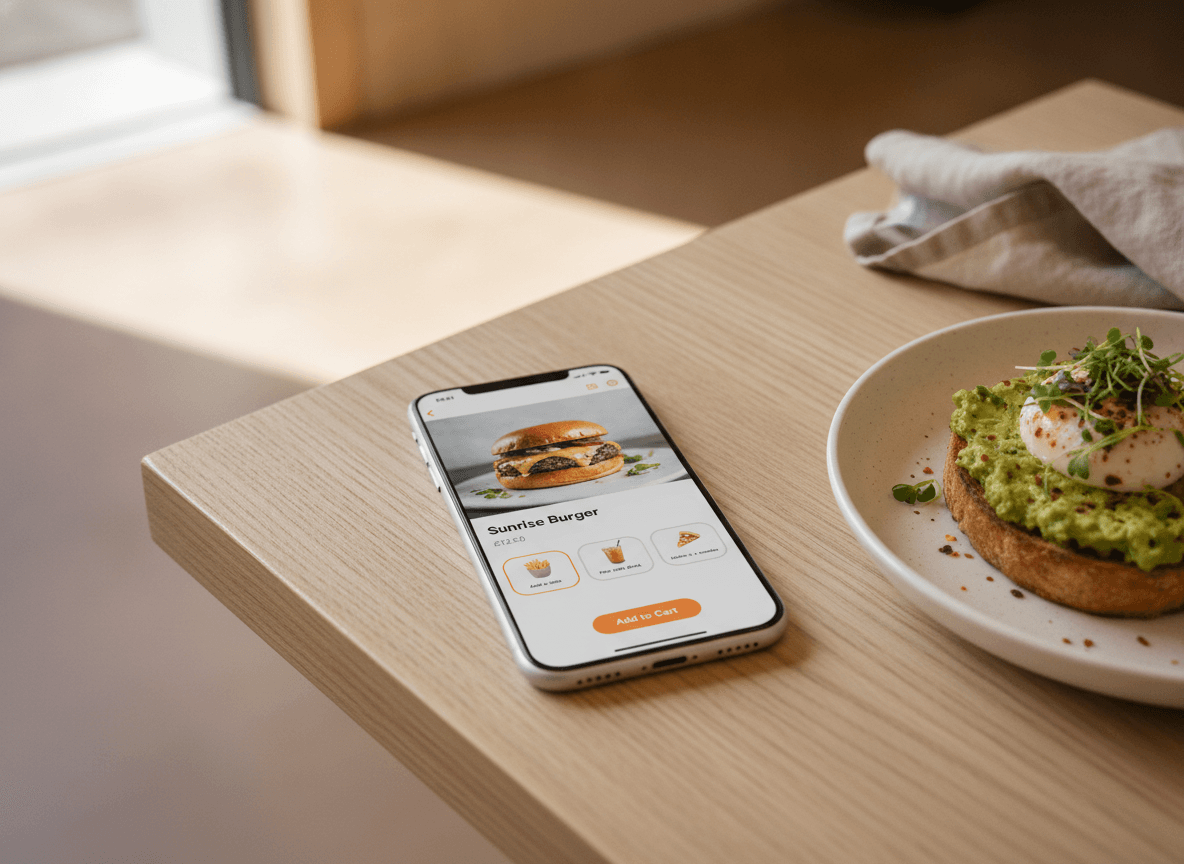Detailseite eines Gerichts auf dem Telefon mit Beilagen- und Getränkevorschlägen als kleine orange Karten.