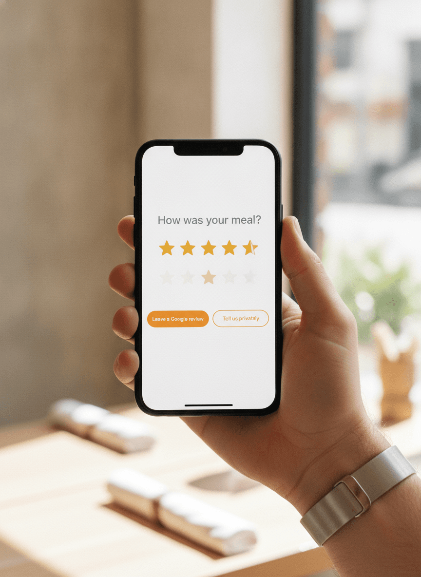 Schermo iPhone che mostra una domanda di feedback con cinque stelle dorate e un pulsante Lascia una recensione Google.