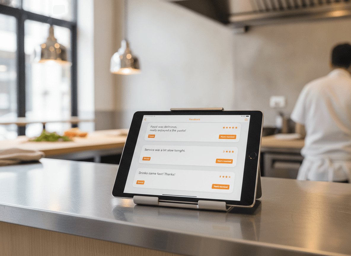 iPad su un passo cucina in acciaio che mostra una inbox feedback con commenti dei clienti taggati e un pulsante Risolto.