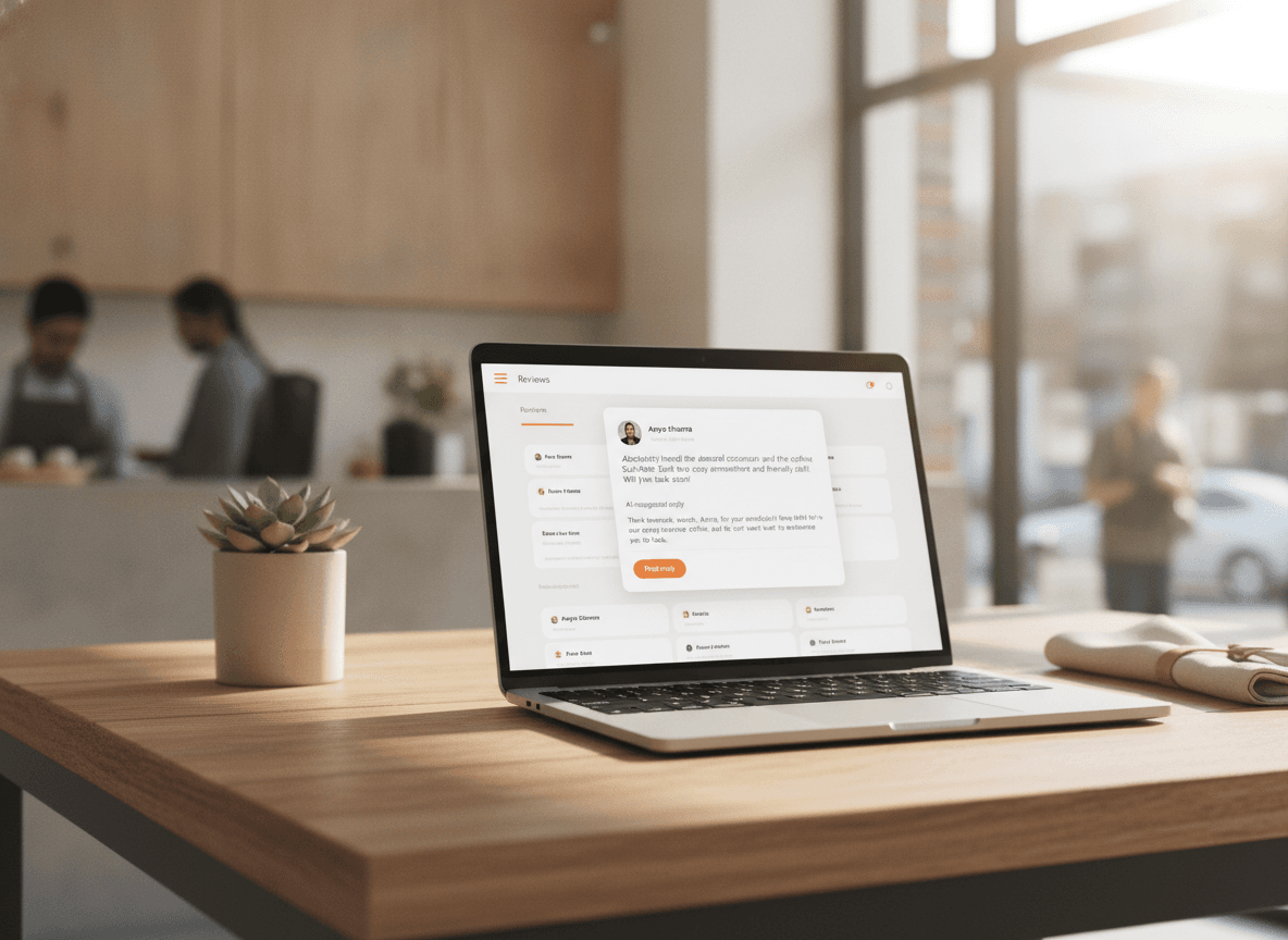 Laptop che mostra una pagina Recensioni in una dashboard admin con una recensione positiva e una risposta suggerita dall'IA pronta da pubblicare.