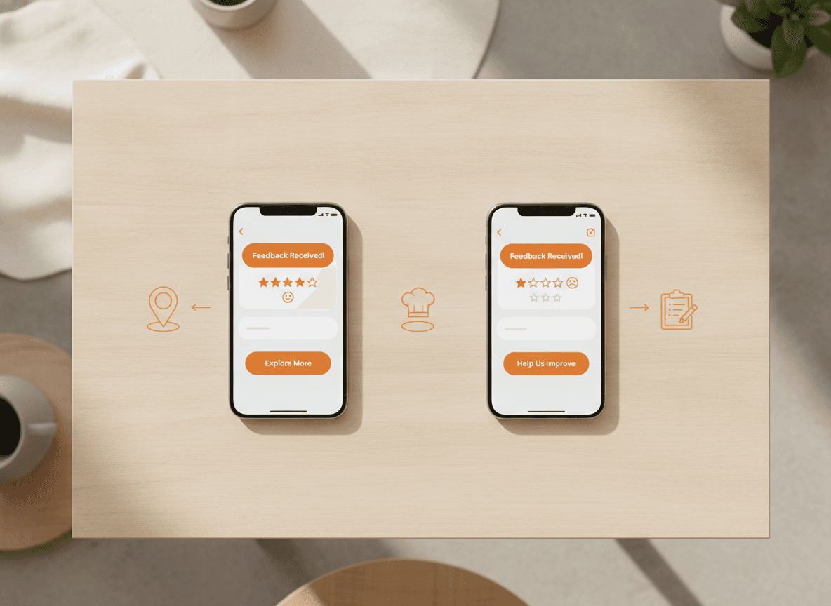Flat-lay editoriale che mostra due telefoni: un feedback a 5 stelle che va su Google, un feedback basso che va dallo chef.