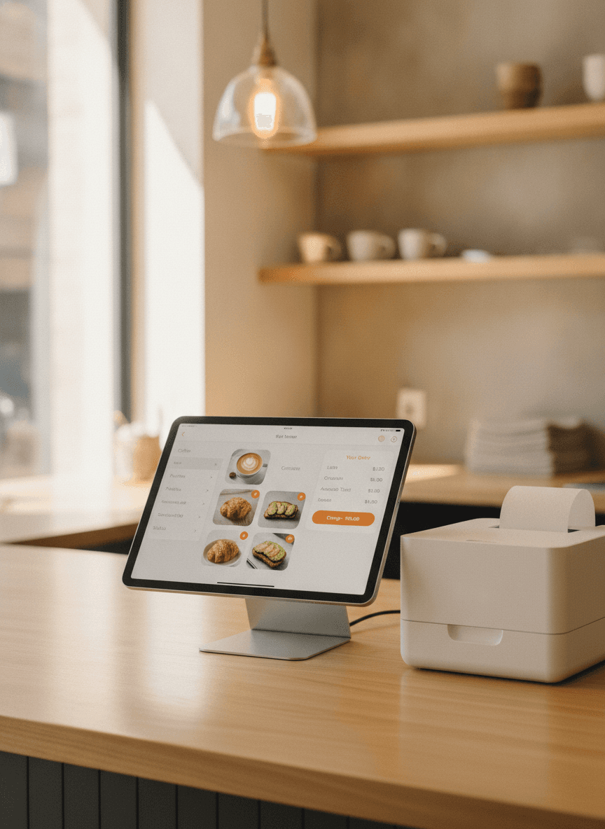 QwikEat-Kasse auf einem iPad an einem Restauranttresen, mit einem Thermodrucker daneben.