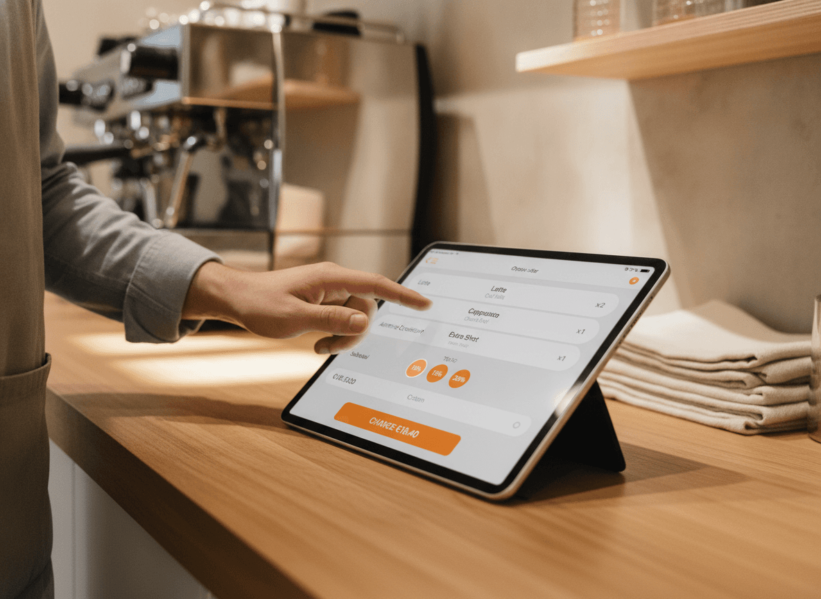 Nahaufnahme eines iPad-Kassen-Screens mit einem offenen Beleg, Artikeln, Modifiern, Trinkgeldwähler und einem großen orangenen Kassieren-Button.