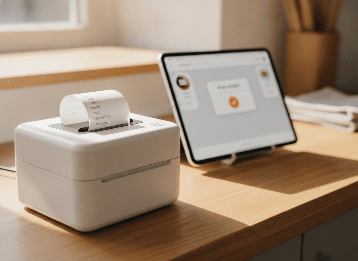 Ein Thermodrucker neben einer iPad-Kasse, ein Bon kommt oben heraus.
