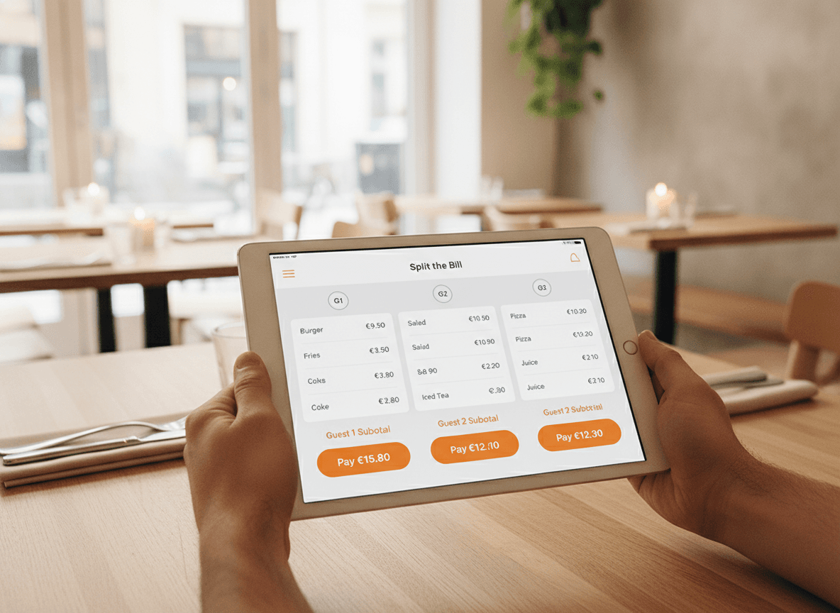 iPad zeigt eine Rechnung-teilen-Oberfläche mit drei Gästespalten und Zahlungsbuttons pro Anteil.