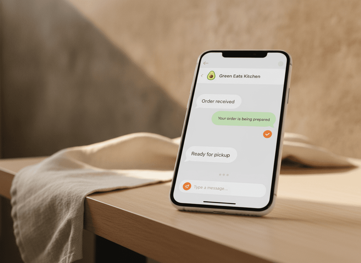 Schermo smartphone che mostra una chat con varie risposte automatiche: Ordine ricevuto, In preparazione, Pronto per il ritiro.