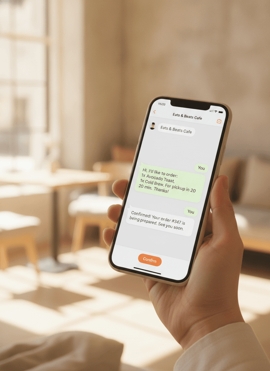 Mano di un cliente che tiene un iPhone che mostra una conversazione di chat con un ristorante mentre ordina un pasto.
