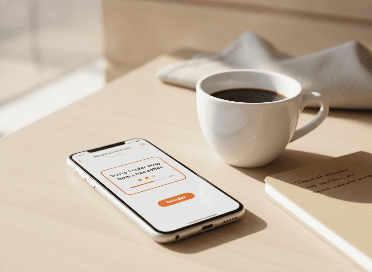 Chat smartphone che mostra un messaggio stile card fedeltà del ristorante che offre un caffè gratis al prossimo ordine.