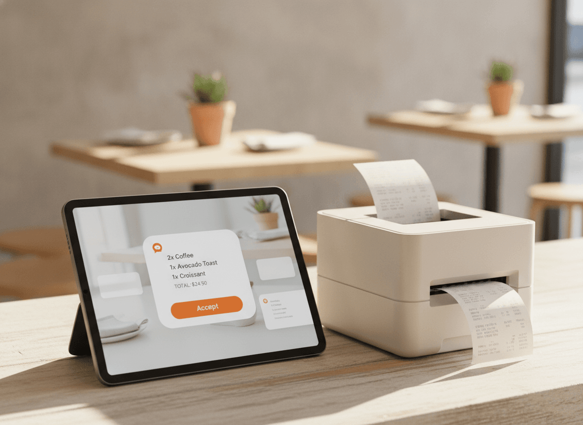 Banco di ristorante con un tablet che mostra la gestione ordini che riceve un ordine WhatsApp, con stampante termica accanto.