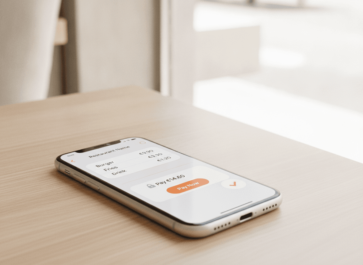 Chat smartphone che mostra una card di link di pagamento mandata dal ristorante con un pulsante Paga e una conferma di pagamento.